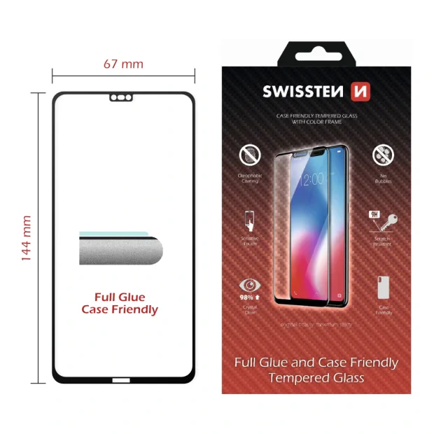 Swissten Glass Full Glue, cadru de culoare, Case friendly Huawei P20 Lite Negru