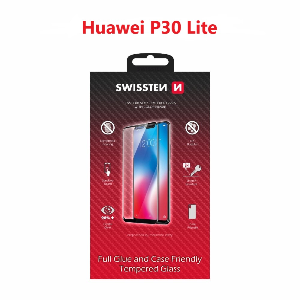 Swissten Glass Full Glue, cadru de culoare, Case friendly Huawei P30 Lite Negru thumb