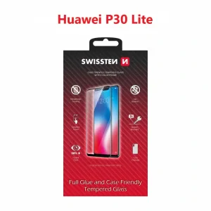 Swissten Glass Full Glue, cadru de culoare, Case friendly Huawei P30 Lite Negru