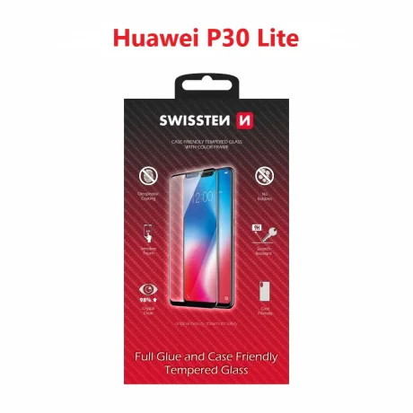 Swissten Glass Full Glue, cadru de culoare, Case friendly Huawei P30 Lite Negru