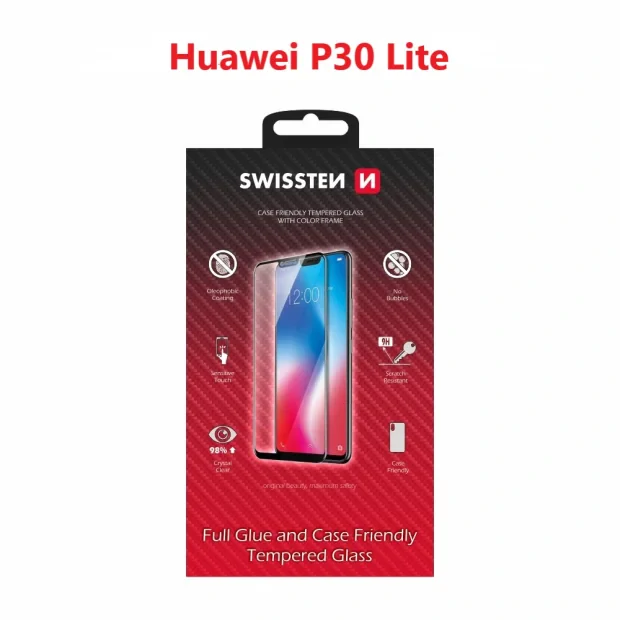 Swissten Glass Full Glue, cadru de culoare, Case friendly Huawei P30 Lite Negru