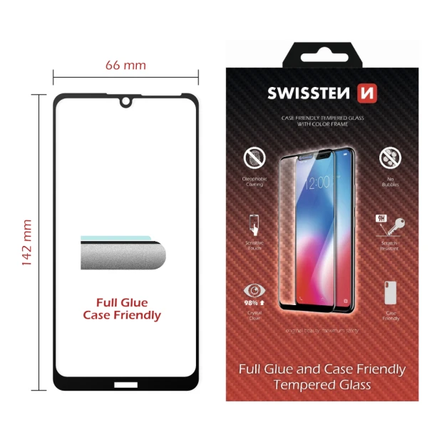 Swissten Glass Full Glue, Cadru de culoare, Case Friendly Huawei Y5 2019/Honor 8s Negru