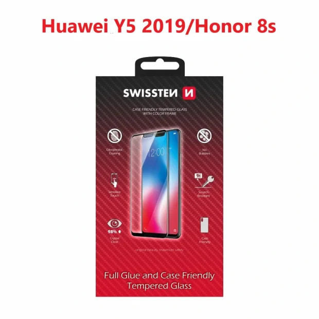 Swissten Glass Full Glue, Cadru de culoare, Case Friendly Huawei Y5 2019/Honor 8s Negru