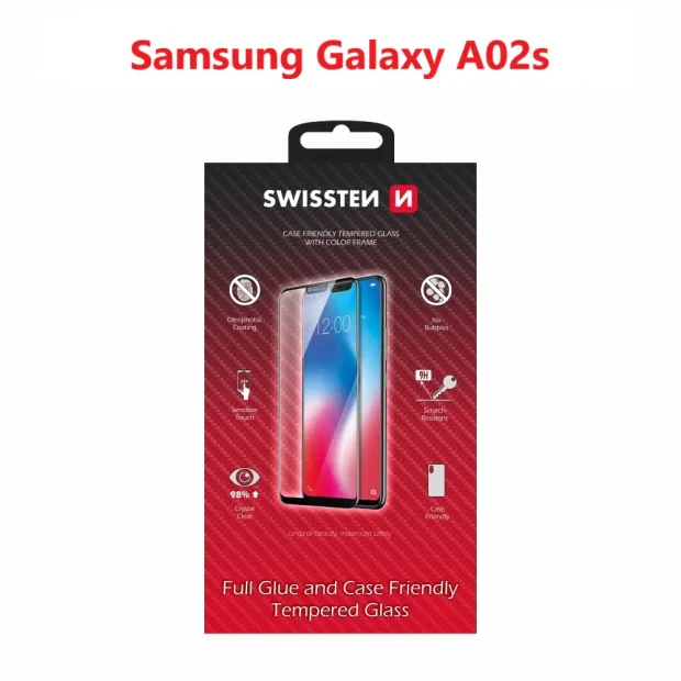 Swissten Glass Full Glue, cadru de culoare, Case friendly Samsung A025 Galaxy A02S Negru