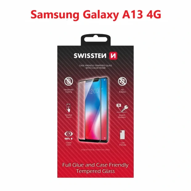 Swissten Glass Full Glue, cadru de culoare, Case friendly Samsung A135 Galaxy A13 4G Negru