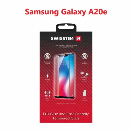Swissten Glass Full Glue, cadru de culoare, Case friendly Samsung A202 Galaxy A20E Negru