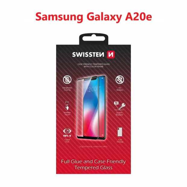 Swissten Glass Full Glue, cadru de culoare, Case friendly Samsung A202 Galaxy A20E Negru