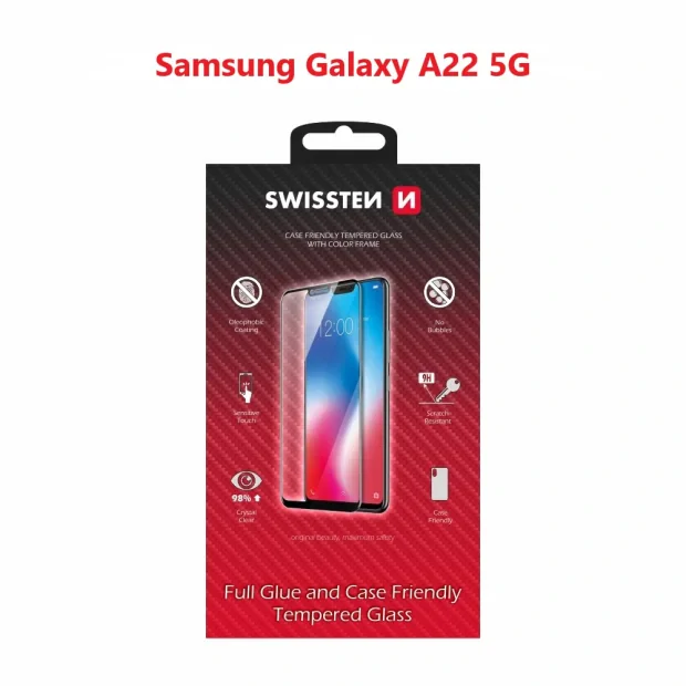 Swissten Glass Full Glue, cadru de culoare, Case friendly Samsung A226 Galaxy A22 5G Negru