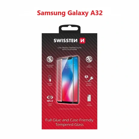 Glass Swissten Glass Full Glue, cadru de culoare, Case friendly Samsung A325 Galaxy A32 Negru