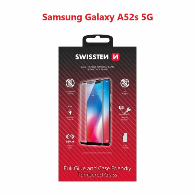 Swissten Glass Full Glue, cadru de culoare, Case friendly Samsung A528 Galaxy A52S 5G Negru