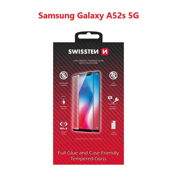 Swissten Glass Full Glue, cadru de culoare, Case friendly Samsung A528 Galaxy A52S 5G Negru