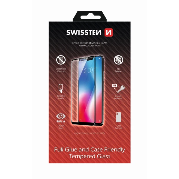 Swissten Glass Full Glue, Cadru de culoare, Case Friendly Samsung Galaxy A8 2018/A5 2018 Negru