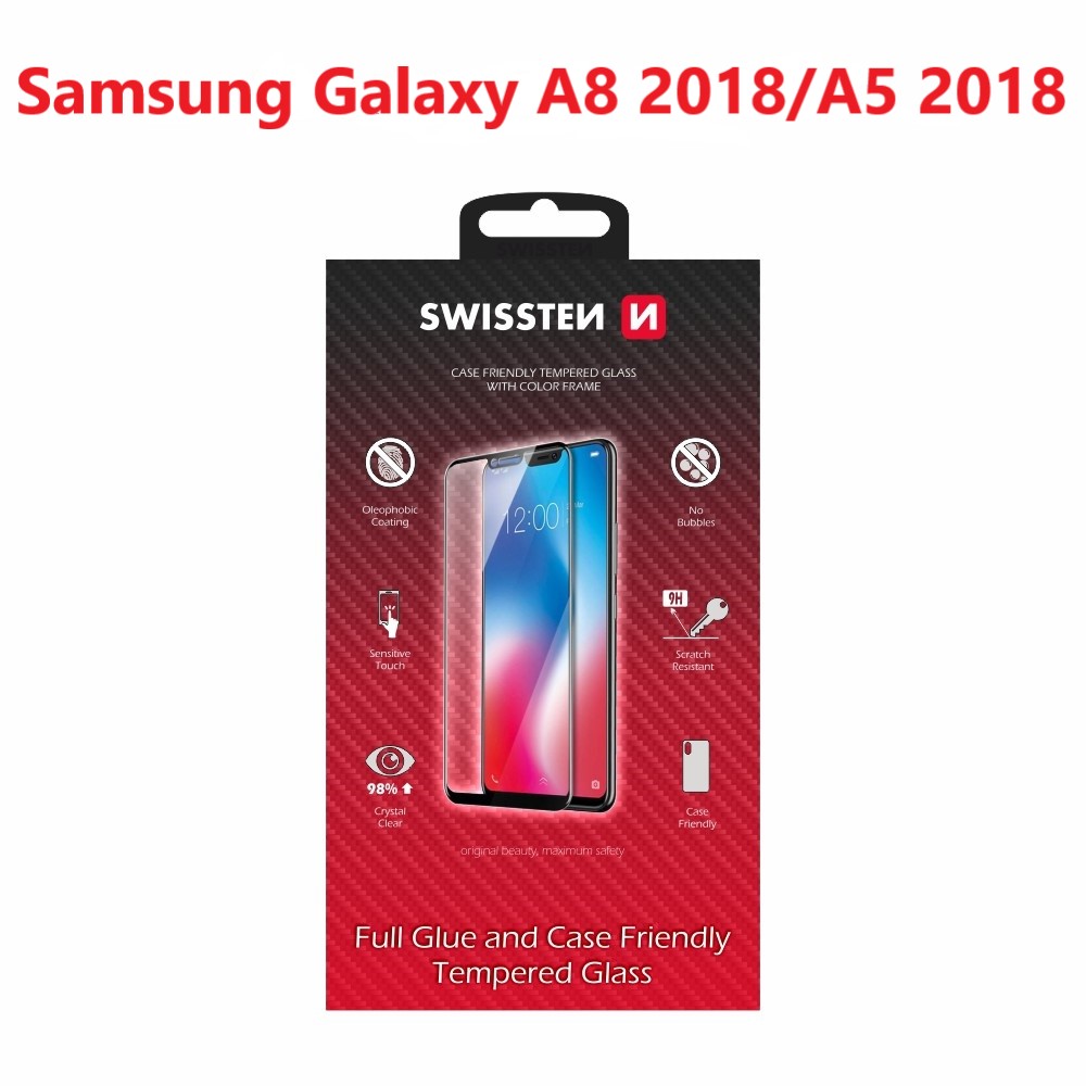 Swissten Glass Full Glue, Cadru de culoare, Case Friendly Samsung Galaxy A8 2018/A5 2018 Negru thumb