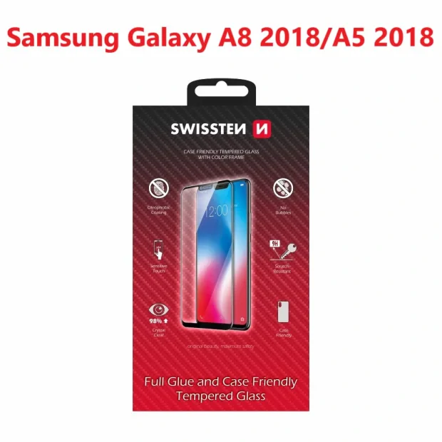 Swissten Glass Full Glue, Cadru de culoare, Case Friendly Samsung Galaxy A8 2018/A5 2018 Negru