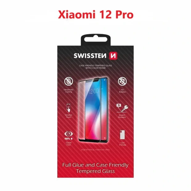 Swissten Glass Full Glue, cadru de culoare, Case friendly Xiaomi 12 PRO Negru