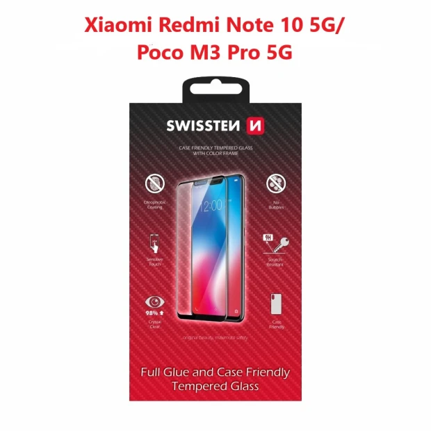 Swissten Glass Full Glue, cadru de culoare, Case friendly Xiaomi REDMI Note 10 5G/POCO M3 PRO 5G Negru