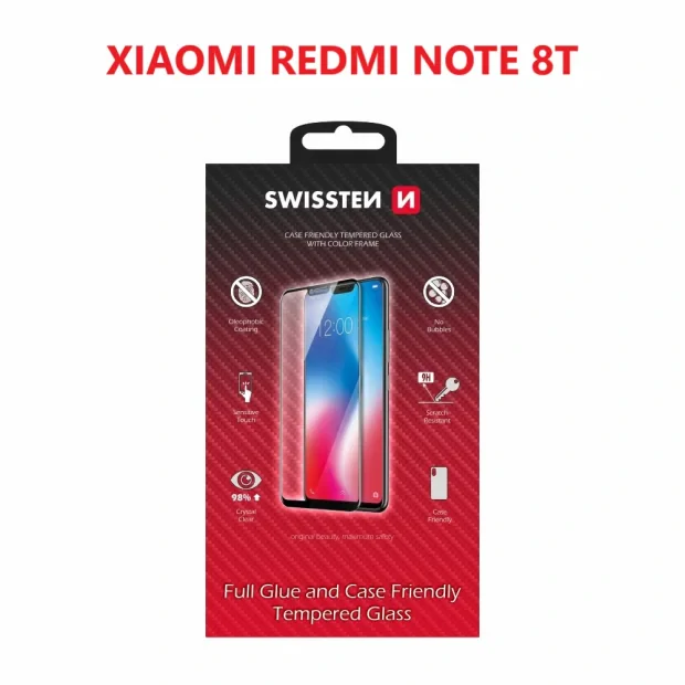 Swissten Glass Full Glue, cadru de culoare, Case friendly Xiaomi REDMI Note 8t Negru