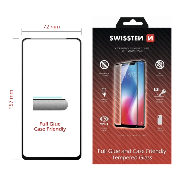 Swissten Glass Full Glue, cadru de culoare, Case friendly Xiaomi REDMI Note 9 Negru