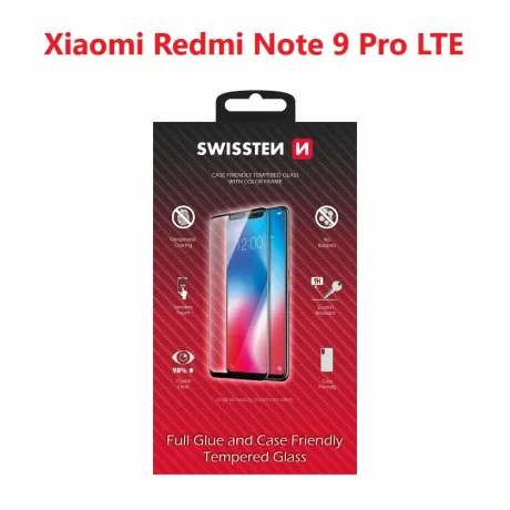 Swissten Glass Full Glue , cadru de culoare, Case friendly Xiaomi REDMI Note 9 Pro/9 PRO Max/9s Negru
