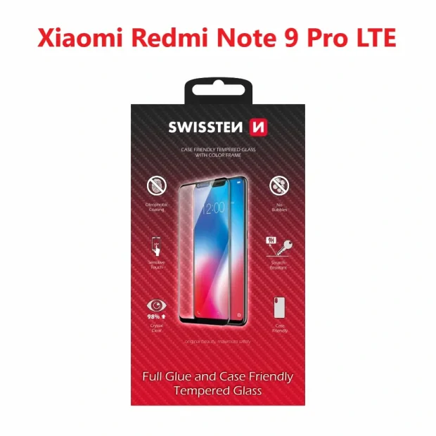 Swissten Glass Full Glue , cadru de culoare, Case friendly Xiaomi REDMI Note 9 Pro/9 PRO Max/9s Negru