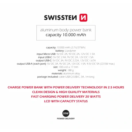 Swissten Aluminum Power Bank 10000 MAH 20W power Gri