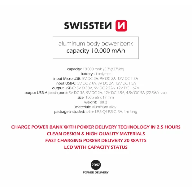 Swissten Aluminum Power Bank 10000 MAH 20W power Gri