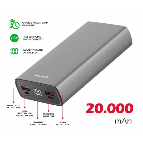 Swissten Aluminum Power Bank 20000 MAH 20W power Gri