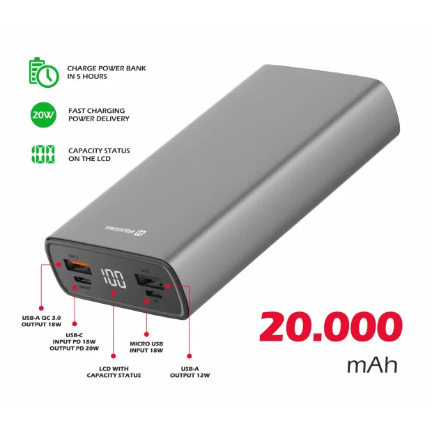 Swissten Aluminum Power Bank 20000 MAH 20W power Gri
