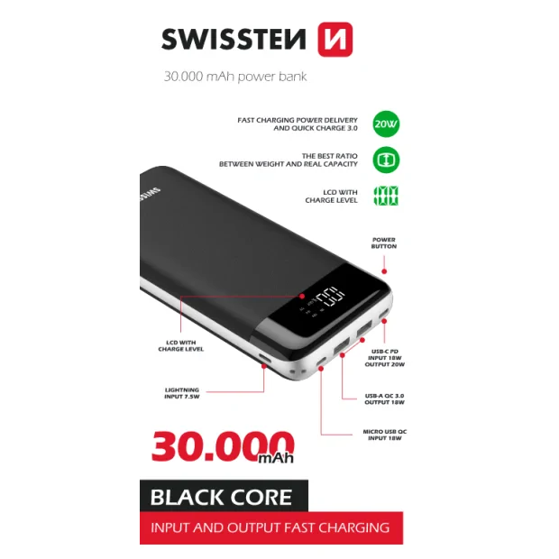 Swissten Black Core Power Bank 30000 MAH