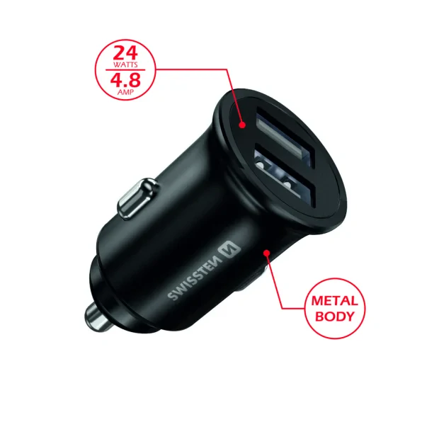 Adaptor Swissten CL 2x USB 4,8A Metal Negru (pachet Eco)