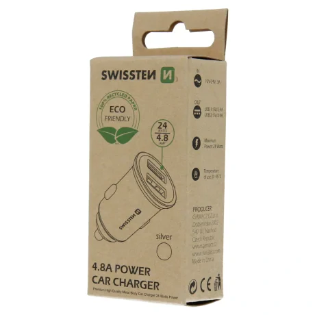 Swissten CL Adapter 2x USB 4.8A Silver metal (pachet Eco)