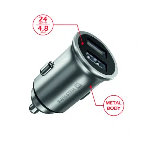 Swissten CL Adapter 2x USB 4.8A Silver metal (pachet Eco)