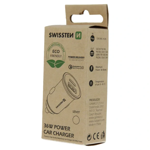 Adaptor Swissten CL alimentare USB-C + incarcare rapida 3.0 36W Silver metal (pachet Eco)