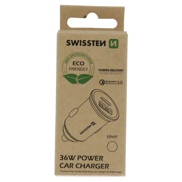Adaptor Swissten CL alimentare USB-C + incarcare rapida 3.0 36W Silver metal (pachet Eco)