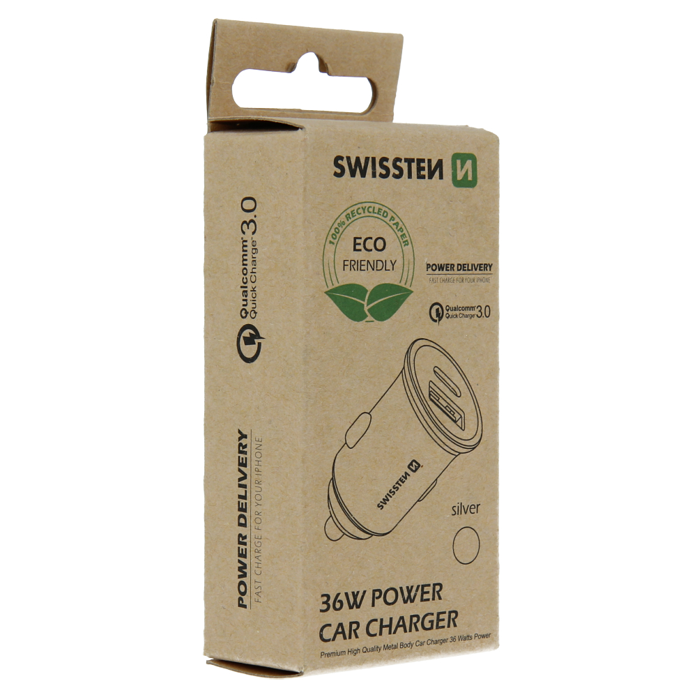 Adaptor Swissten CL alimentare USB-C + incarcare rapida 3.0 36W Silver metal (pachet Eco) thumb