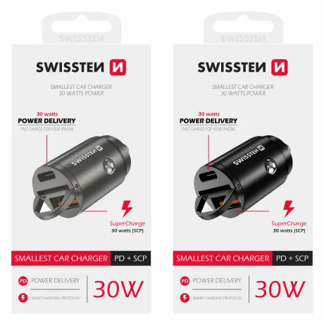 Adaptor Swissten CL power USB-C + Super Charge 3.0 30W Nano Negru