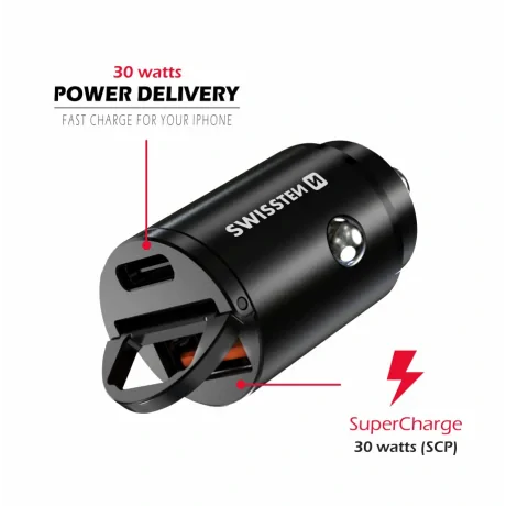 Adaptor Swissten CL power USB-C + Super Charge 3.0 30W Nano Negru