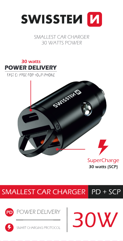 Adaptor Swissten CL power USB-C + Super Charge 3.0 30W Nano Negru thumb