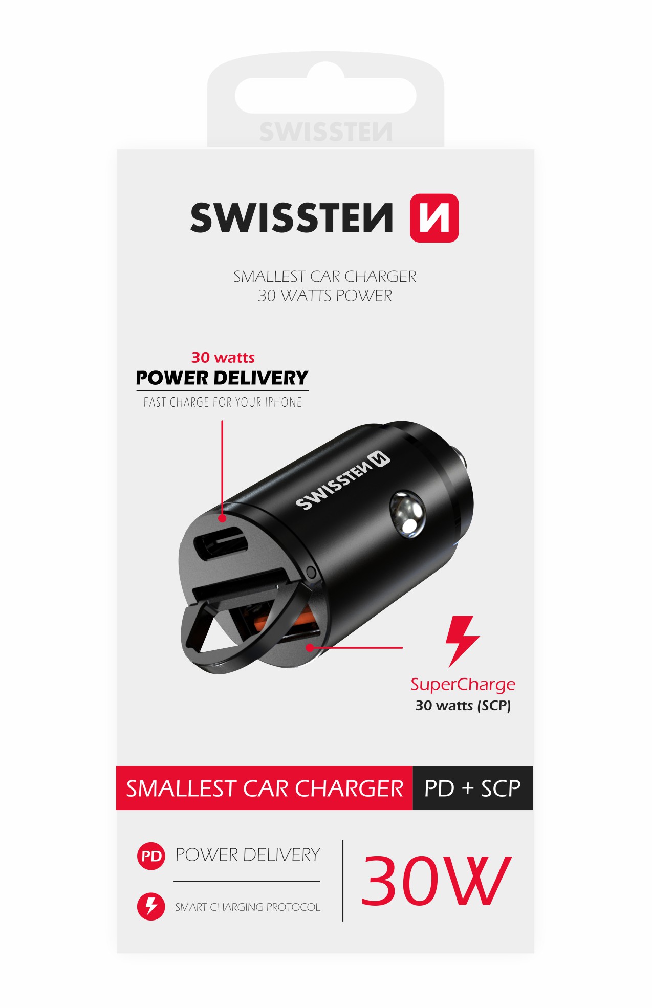 Adaptor Swissten CL power USB-C + Super Charge 3.0 30W Nano Negru thumb