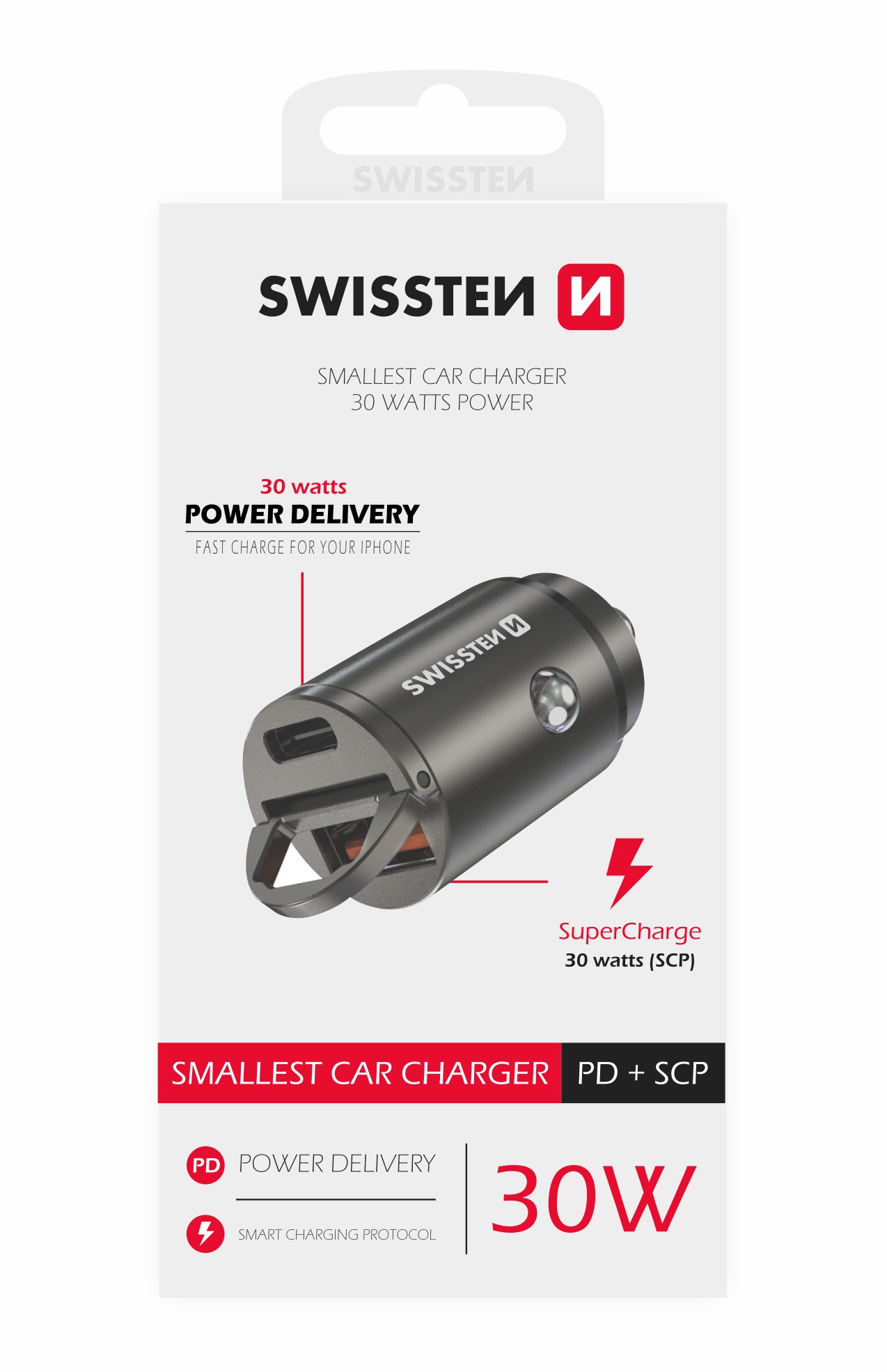 Adaptor Swissten CL power USB-C + Super Charge 3.0 30W nano Argintiu thumb