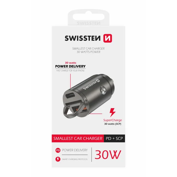 Adaptor Swissten CL power USB-C + Super Charge 3.0 30W nano Argintiu