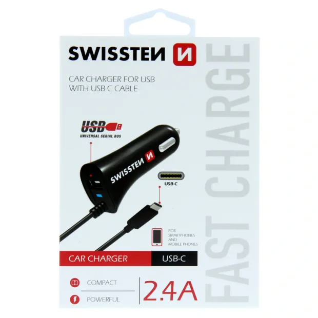 Swissten Incarcator auto USB-C si USB 2.4A Power