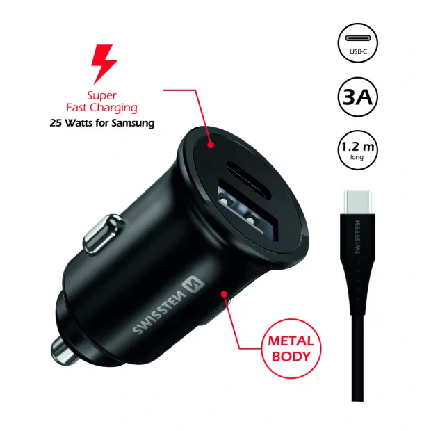 Swissten CL PRO Samsung Super Charging 25W + USB-C/USB-C 1,2 m Cablu Negru