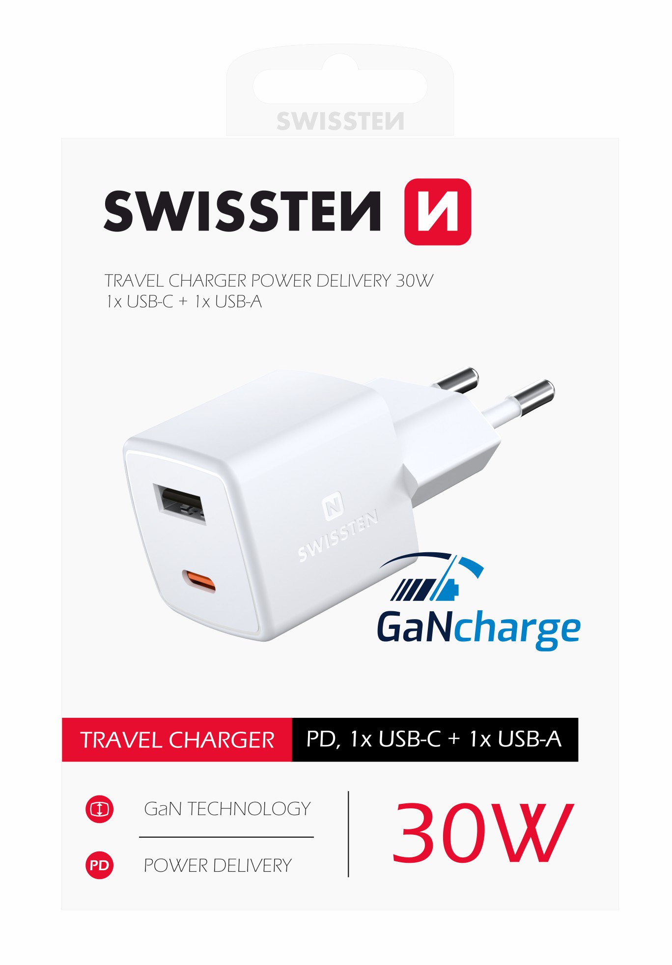 Swissten Mini Travel Adapter Gan 1x USB-C + 1XUSB 30W Power delivery thumb