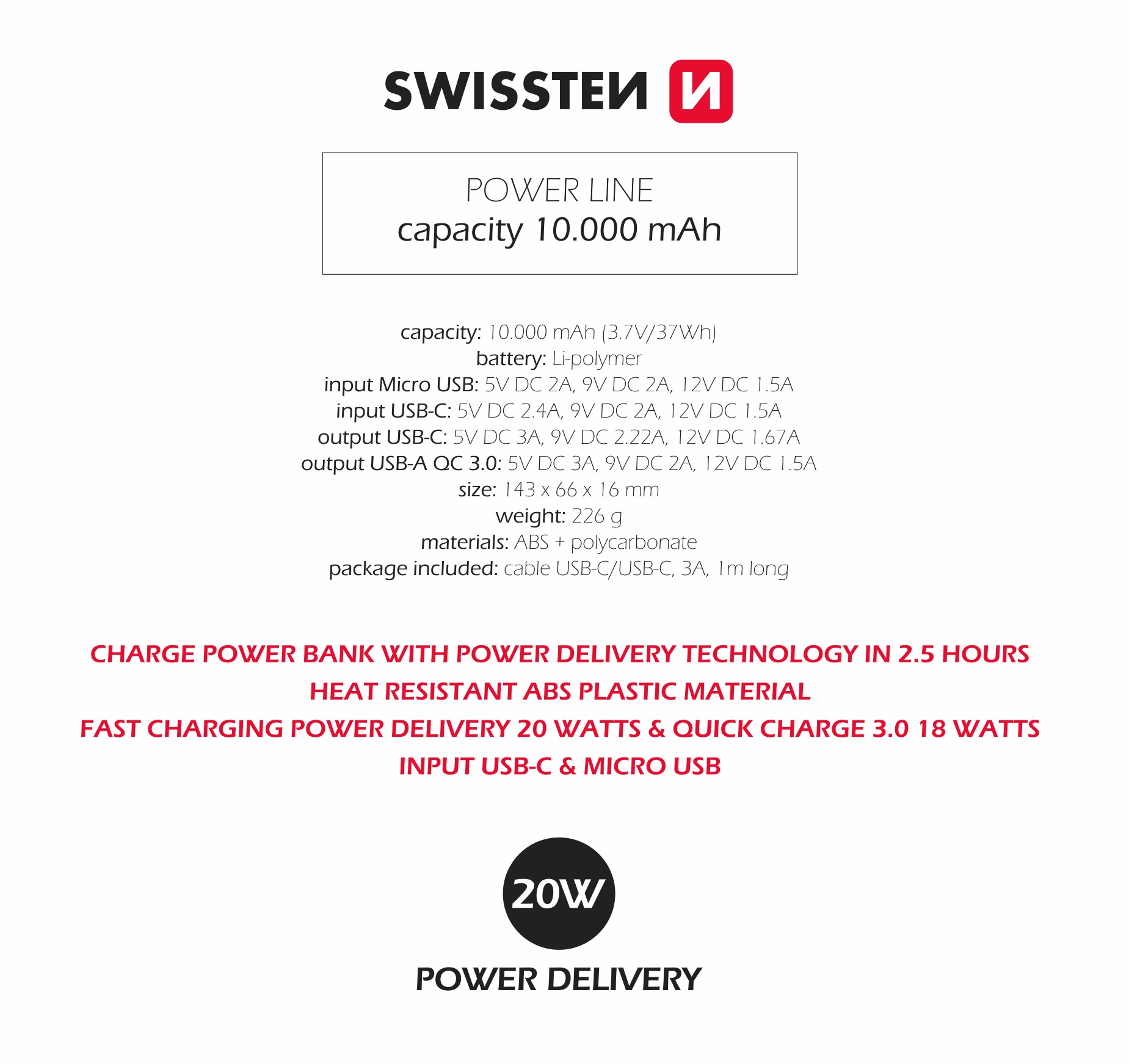 Swissten Power Line Power Bank 10000 MAH 20W power Negru thumb
