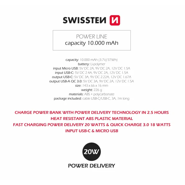 Swissten Power Line Power Bank 10000 MAH 20W power Negru