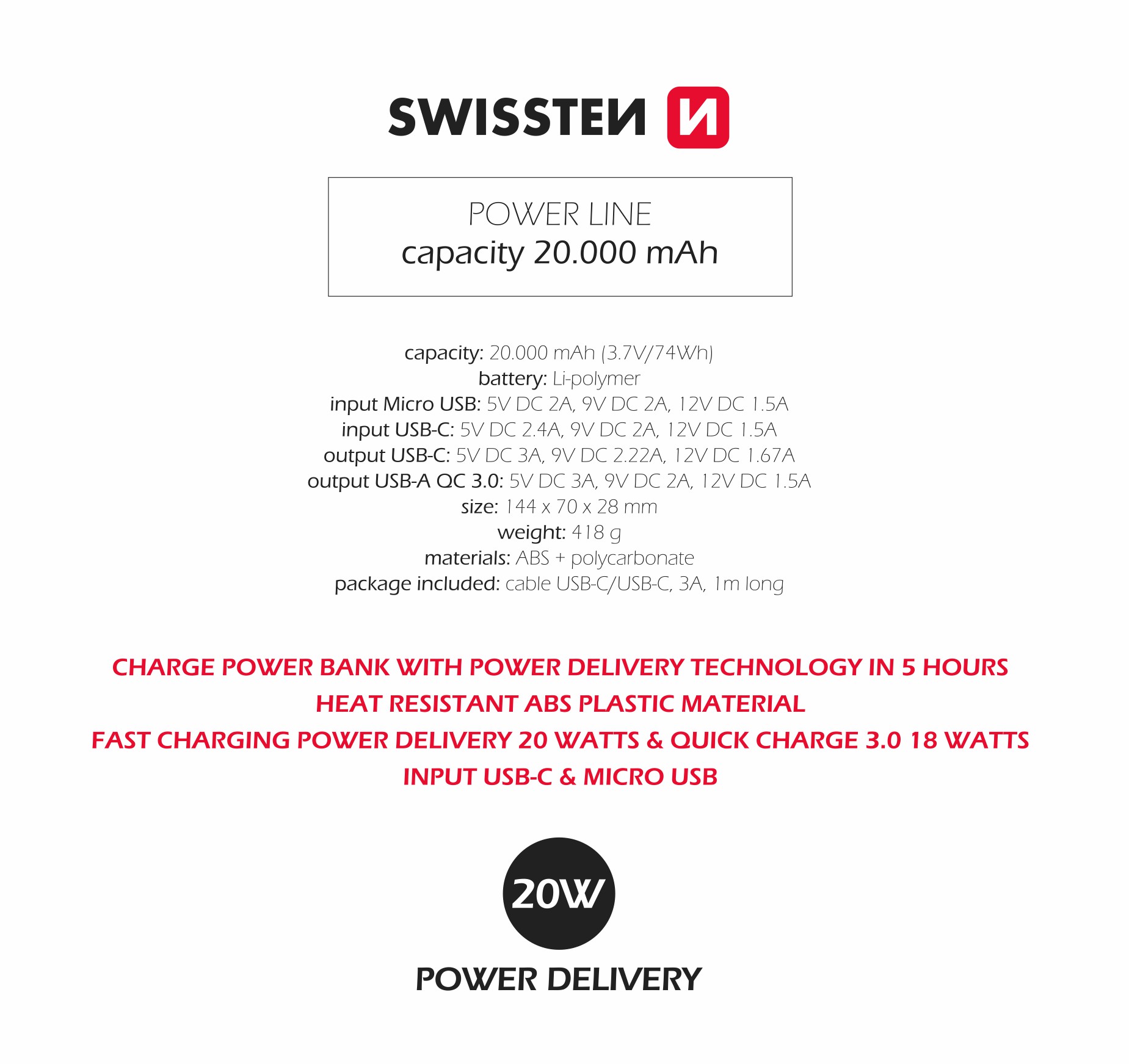 Swissten Power Line Power Bank 20000 MAH 20W power Negru thumb