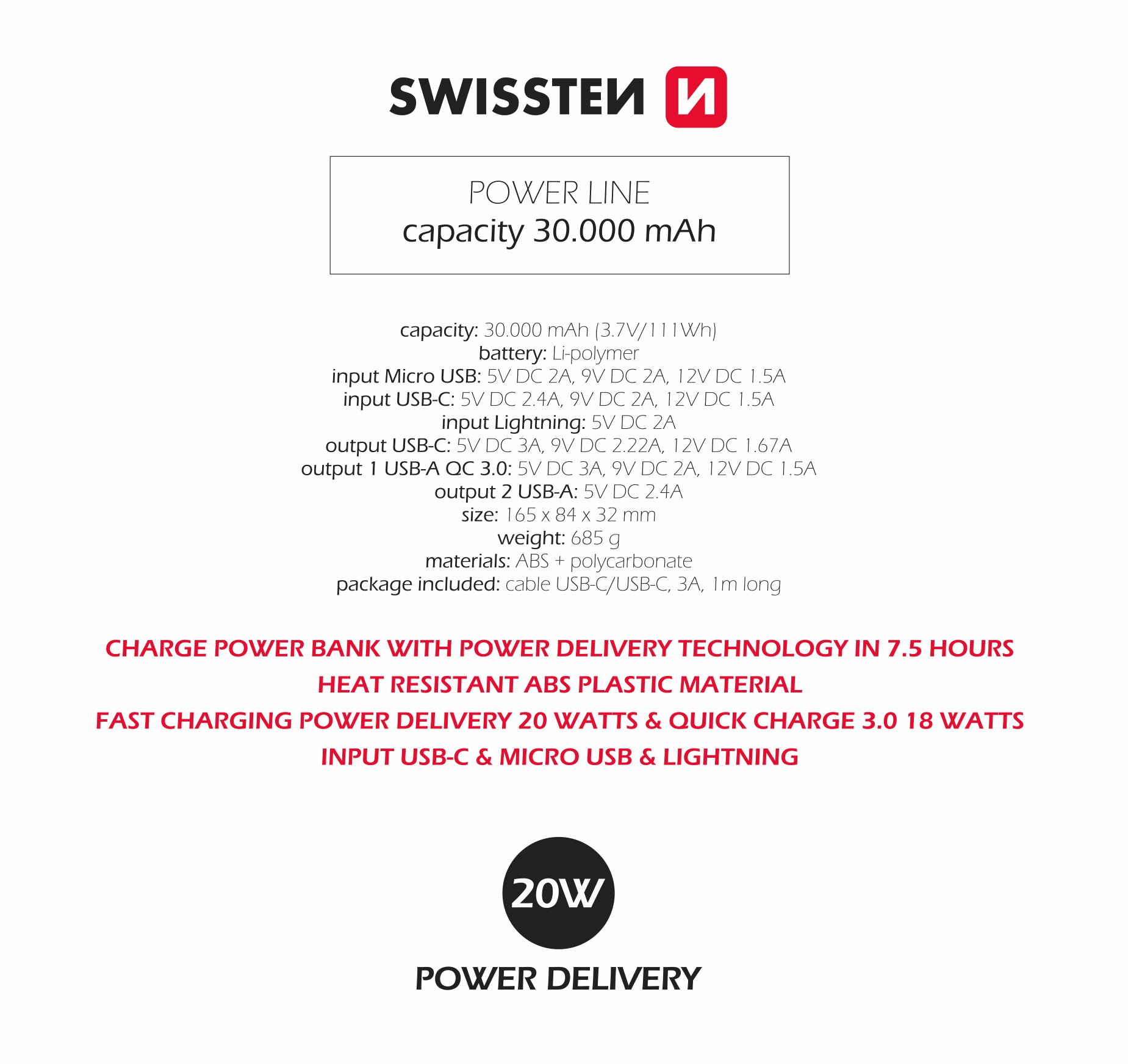 Swissten Power Line Power Bank 30000 MAH 20W power Negru thumb