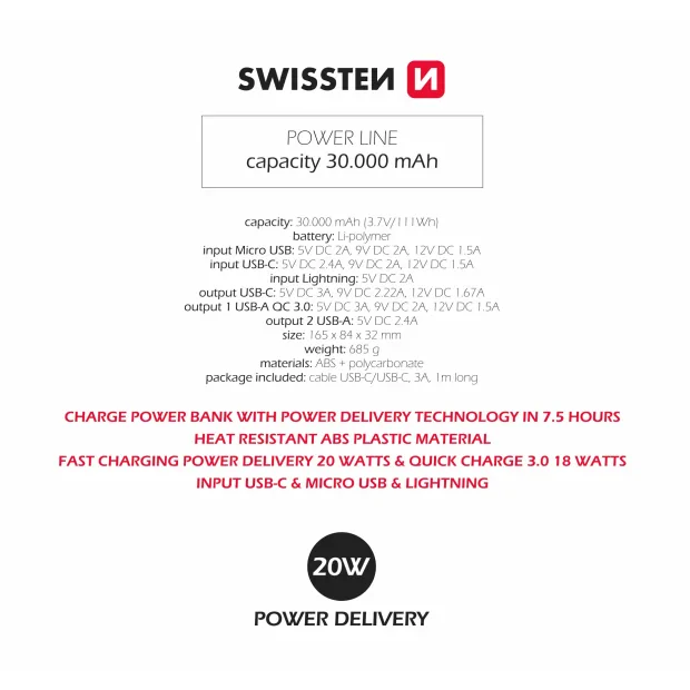 Swissten Power Line Power Bank 30000 MAH 20W power Negru