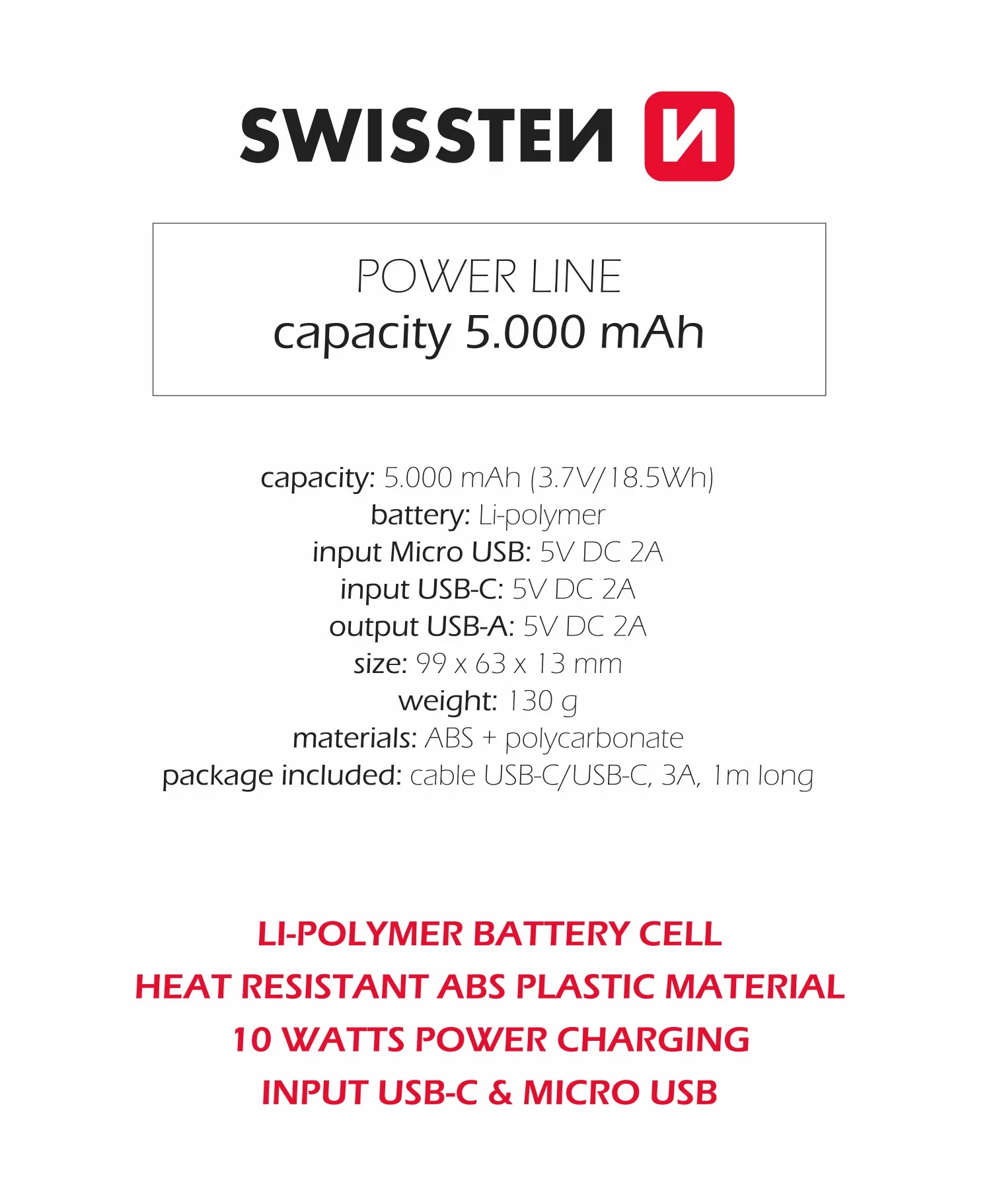 Swissten Power Line Power Bank 5000 mAh 10W Negru